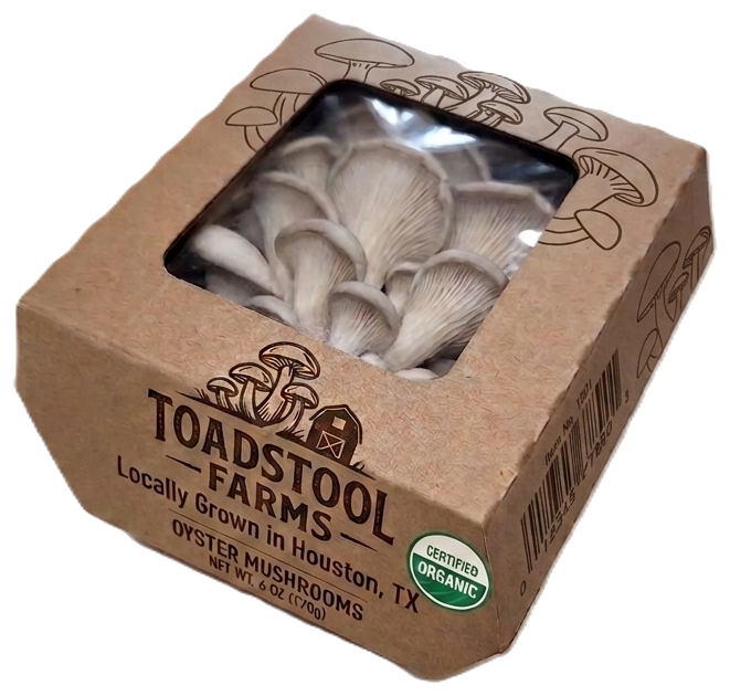 Toadstool Farms oyster mushrooms in a kraft box